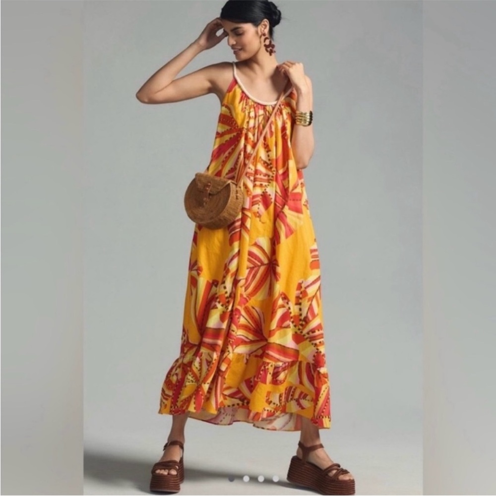 FARM Rio Printed Scoop Neck Maxi Dress in Orange/ yellow SIZE XS